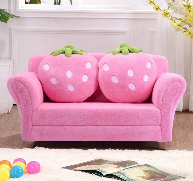 Soft Pink 2-In-1 Children's Sofa For Two With Strawberry Cushion
